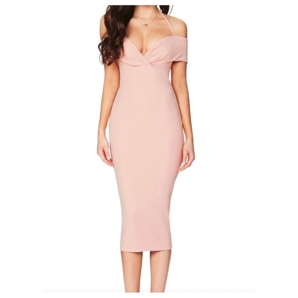 Nookie Athena Off Shoulder Midi‎ Dress Blush Pink Formal Event XS